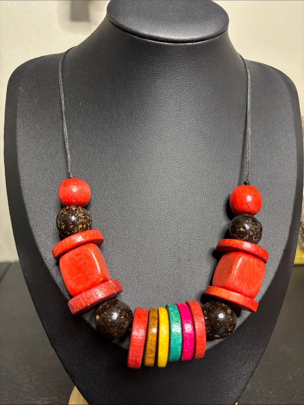 Handcrafted Wood Chunky Multicolor & Red Statement Bead Necklace